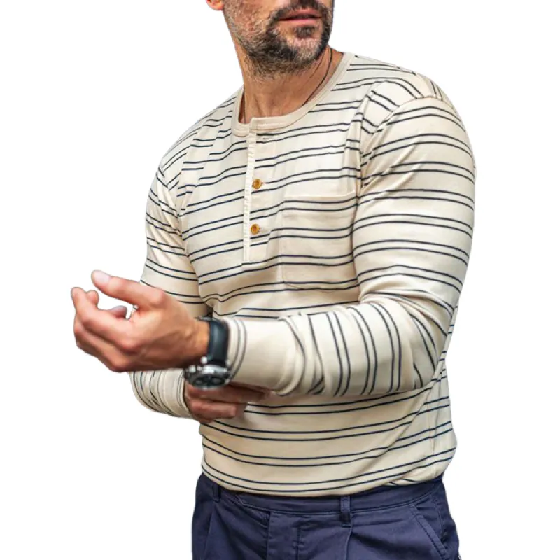 Men's Fashion Striped Henley Collar Chest Pocket Long Sleeve T-shirt 79087636Z sold by Manly