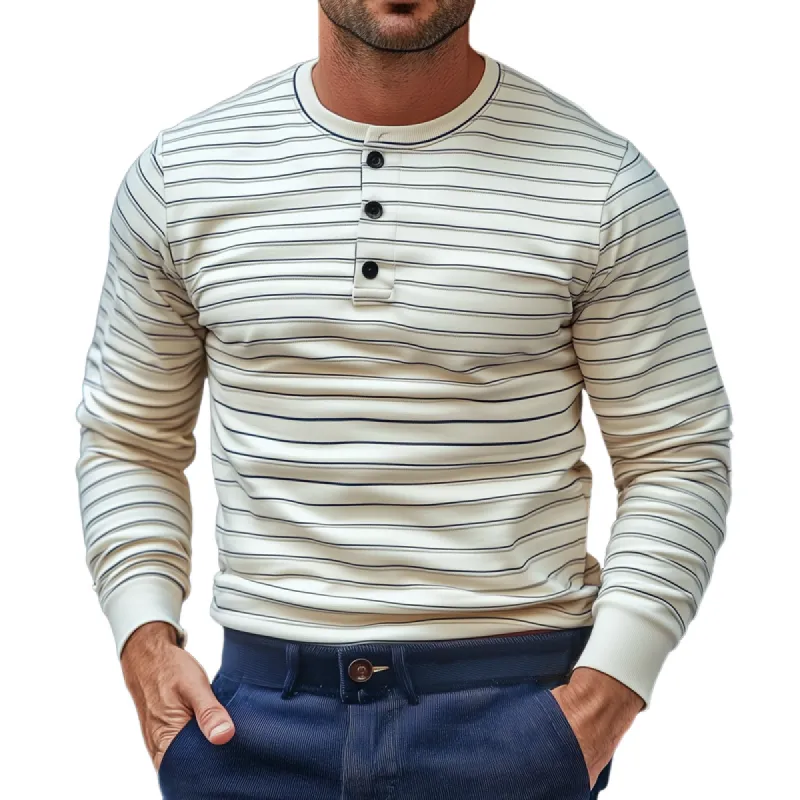 Men's Fashion Striped Henley Collar Long Sleeve T-shirt 04254280Z sold by Manly