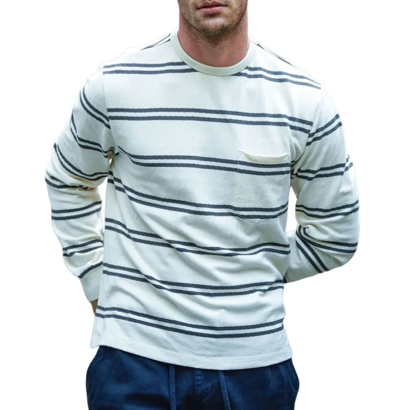 Men's Fashion Striped Round Neck Chest Pocket Long Sleeve T-shirt 98472553Z sold by Manly