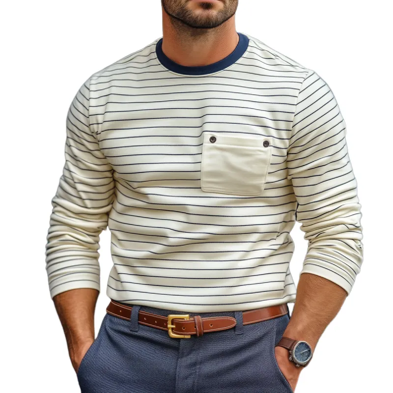 Men's Fashion Striped Round Neck Chest Pocket Long Sleeve T-shirt 21830485Z sold by Manly