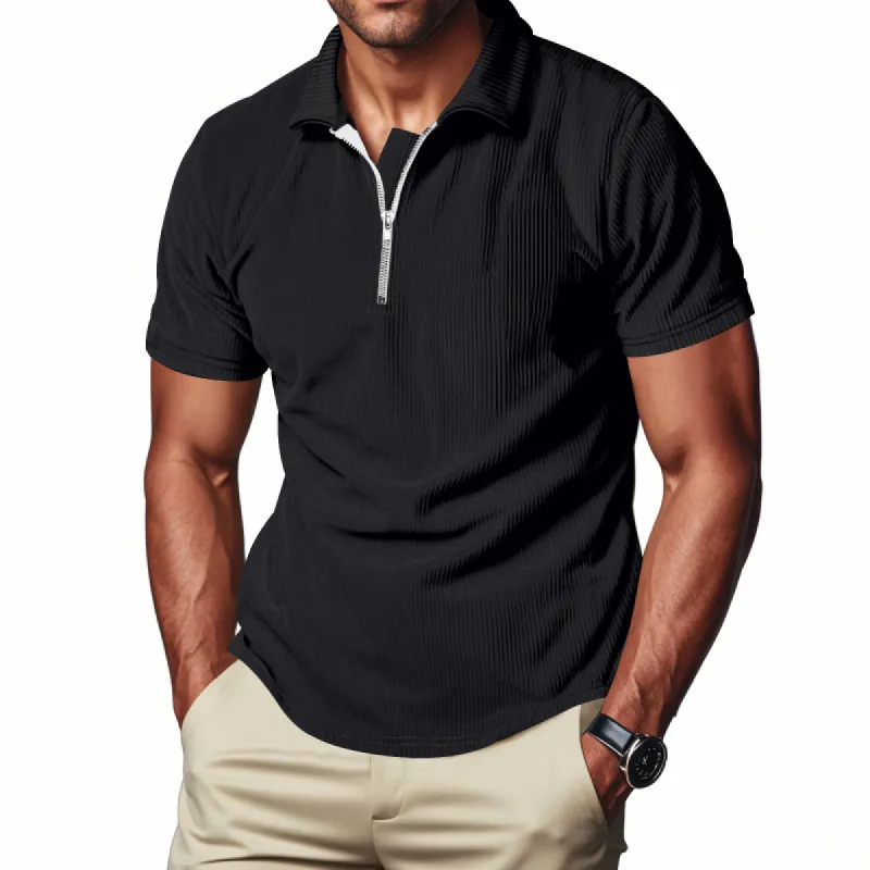 Men's Fashion Solid Striped Lapel Short Sleeve Polo Shirt 09237162Z sold by Manly
