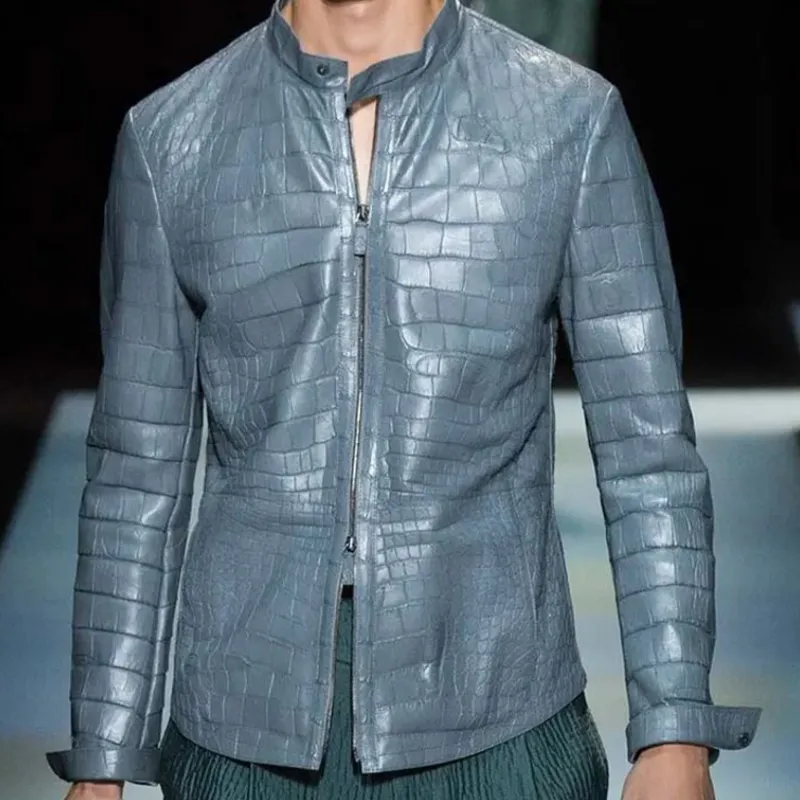 Men's Fashion Casual Stand Collar Zipper Textured Leather Jacket 90562269K sold by Manly product image thumbnail 2