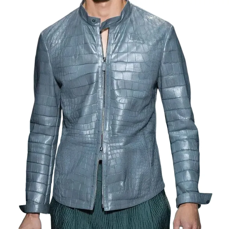 Men's Fashion Casual Stand Collar Zipper Textured Leather Jacket 90562269K sold by Manly