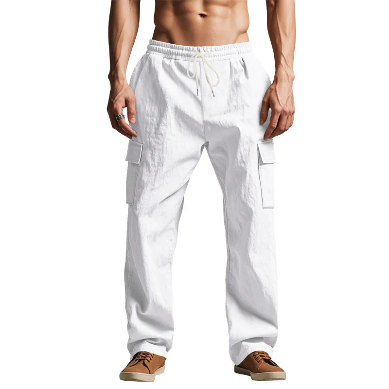 Men's Casual Loose Multi-Pocket Linen Pants 45026572K sold by Manly