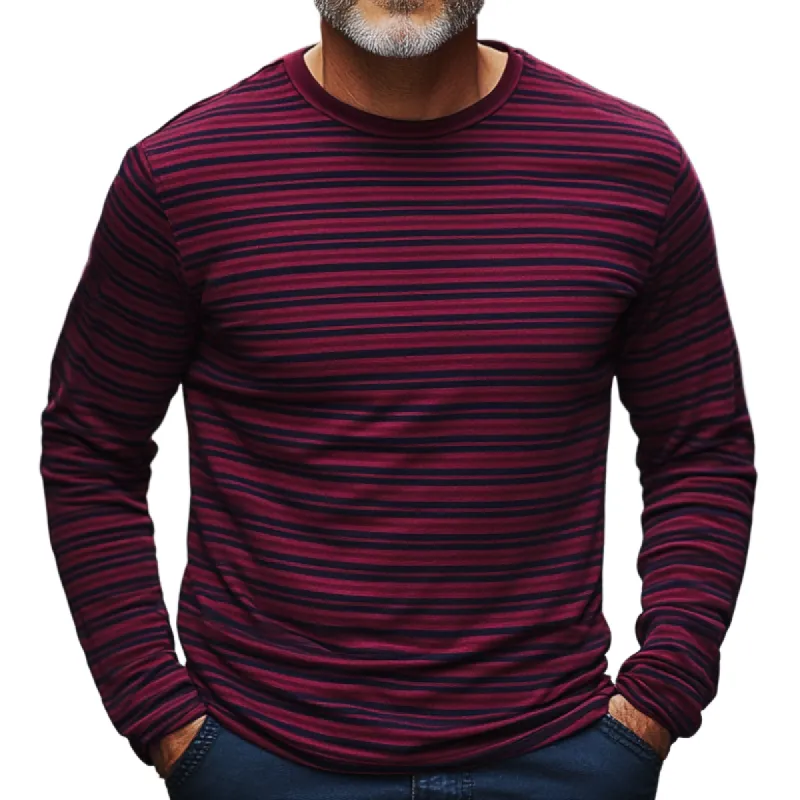 Men's Burgundy Striped Round Neck Long Sleeve T-Shirt 38558142F sold by Manly