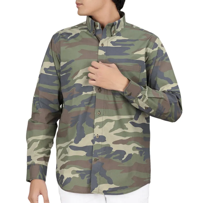 Men's Casual Camouflage Print Lapel Long Sleeve Shirt 34415280F sold by Manly