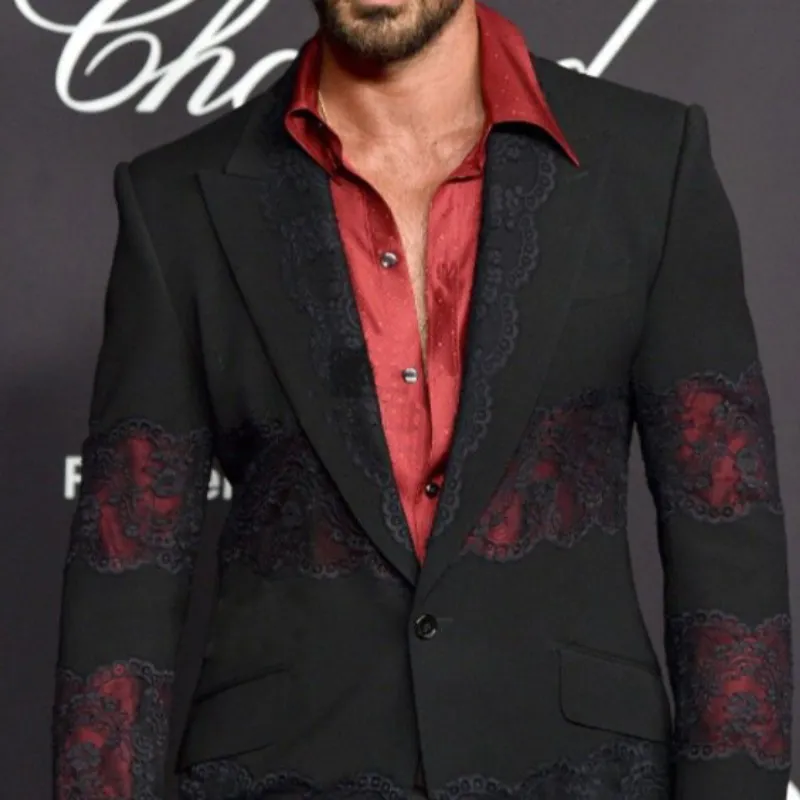 Men's Stylish Retro Lace Patchwork Slim-fit Blazer 32386439K sold by Manly product image thumbnail 2