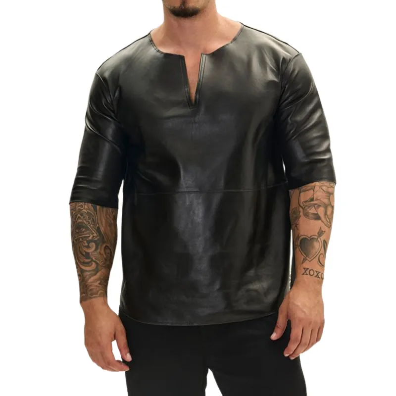 Men's Stylish Casual Leather Slim Fit Short Sleeve T-shirt 49895198K sold by Manly