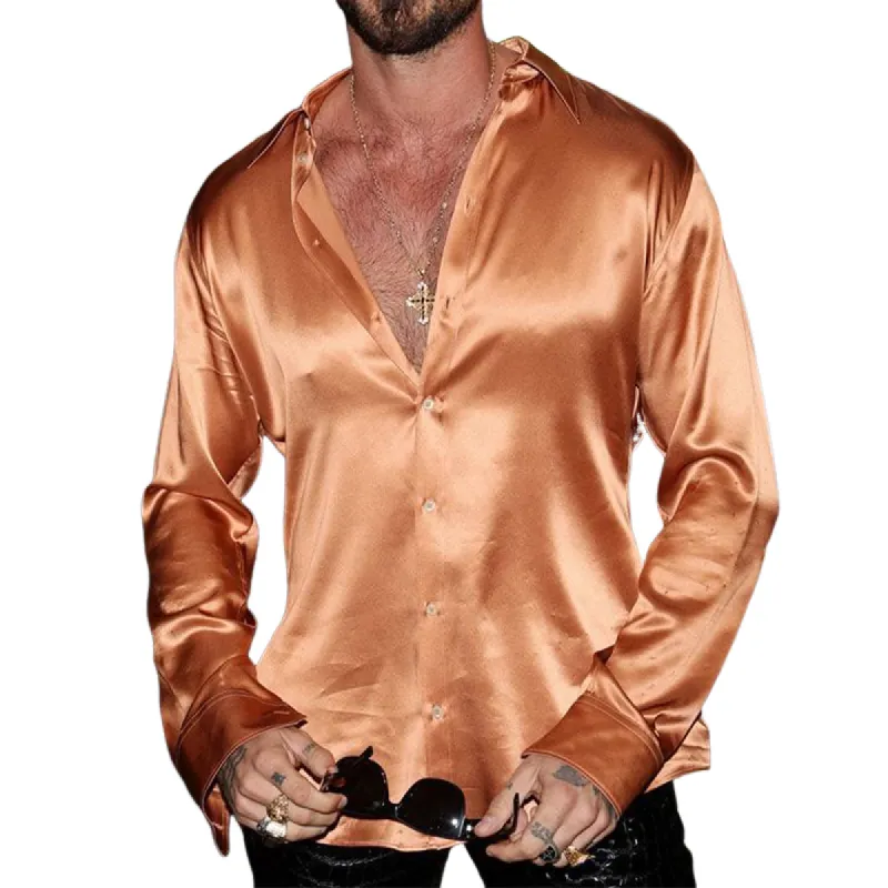 Men's Stylish Casual Solid Color Satin Long Sleeve Shirt 15411322K sold by Manly