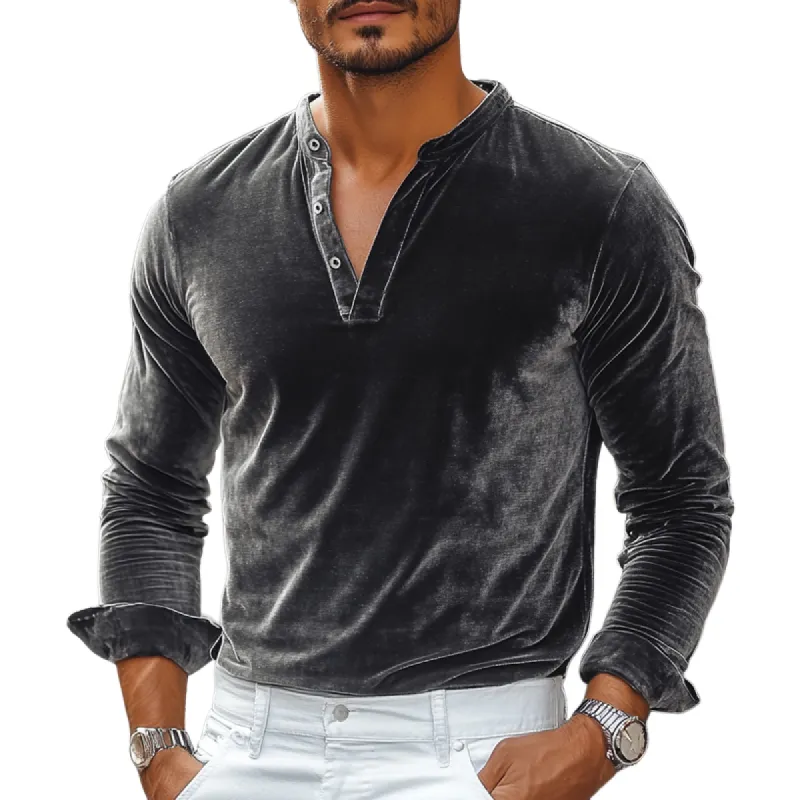 Men's Vintage Grey Velvet Round Neck Button Long Sleeve T-Shirt 14798548U sold by Manly