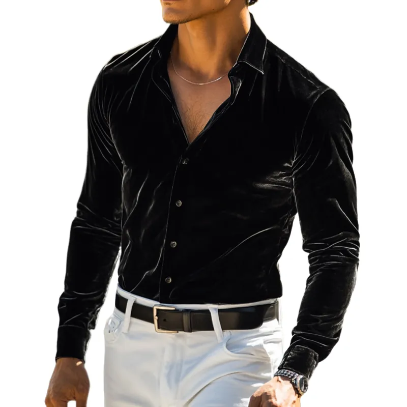 Men's Vintage Black Velvet Slim Fit Long Sleeve Shirt 79486322U sold by Manly