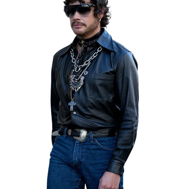 Men's Vintage Black Leather Long Sleeve Shirt 66986518U sold by Manly product image thumbnail 3