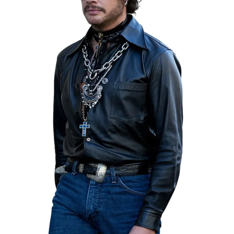 Men's Vintage Black Leather Long Sleeve Shirt 66986518U sold by Manly