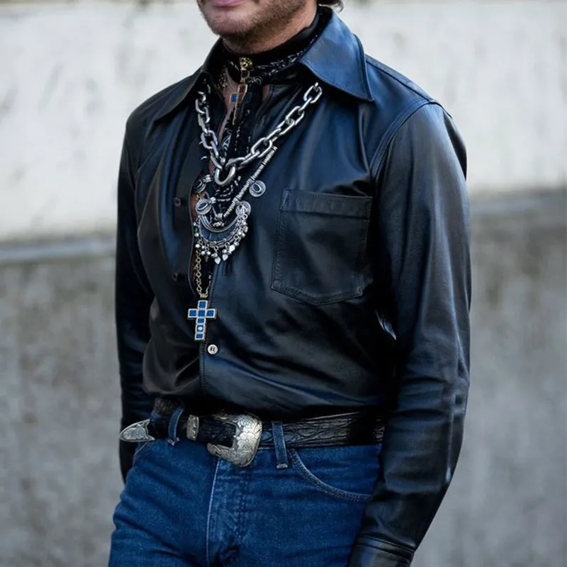 Men's Vintage Black Leather Long Sleeve Shirt 66986518U sold by Manly product image thumbnail 2