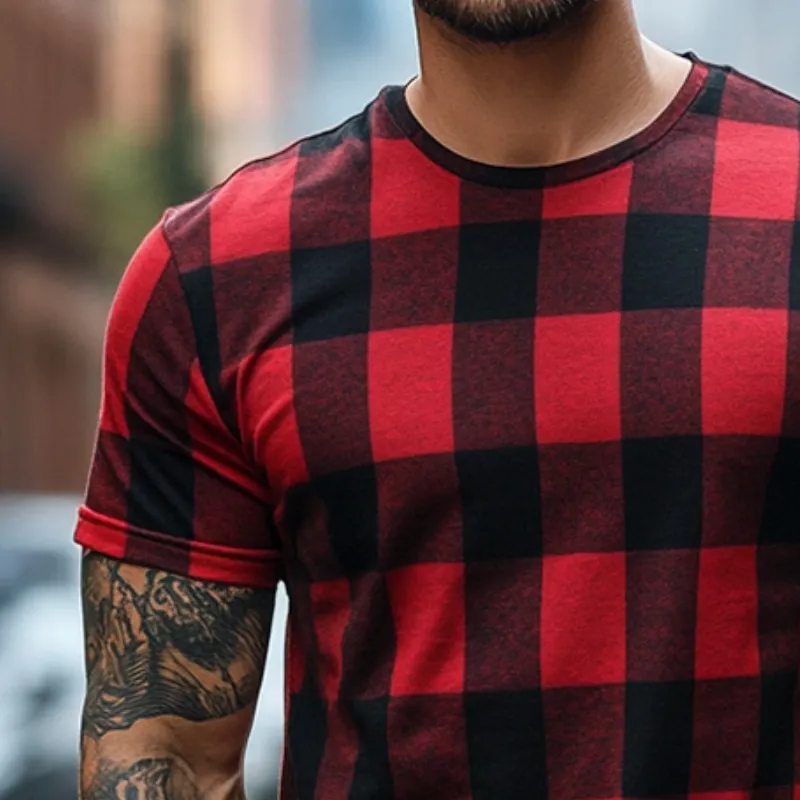 Men's Retro Casual Plaid Printed Round Neck Short Sleeve T-Shirt 85804146TO sold by Manly product image thumbnail 3