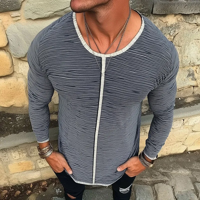 Men's Retro Casual Striped Printed Round Neck Long Sleeve T-Shirt 21041887TO sold by Manly product image thumbnail 2