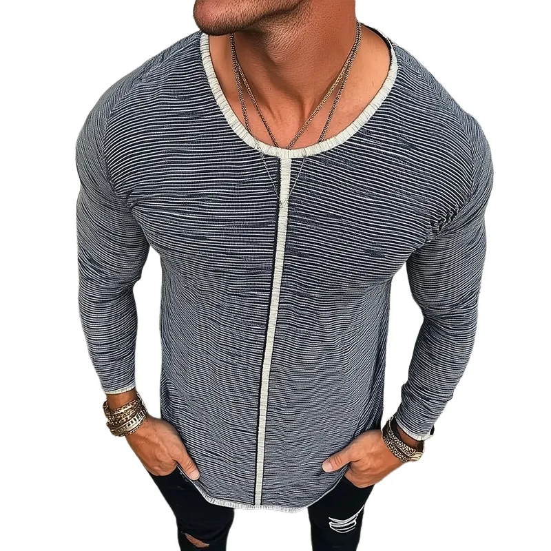 Men's Retro Casual Striped Printed Round Neck Long Sleeve T-Shirt 21041887TO sold by Manly