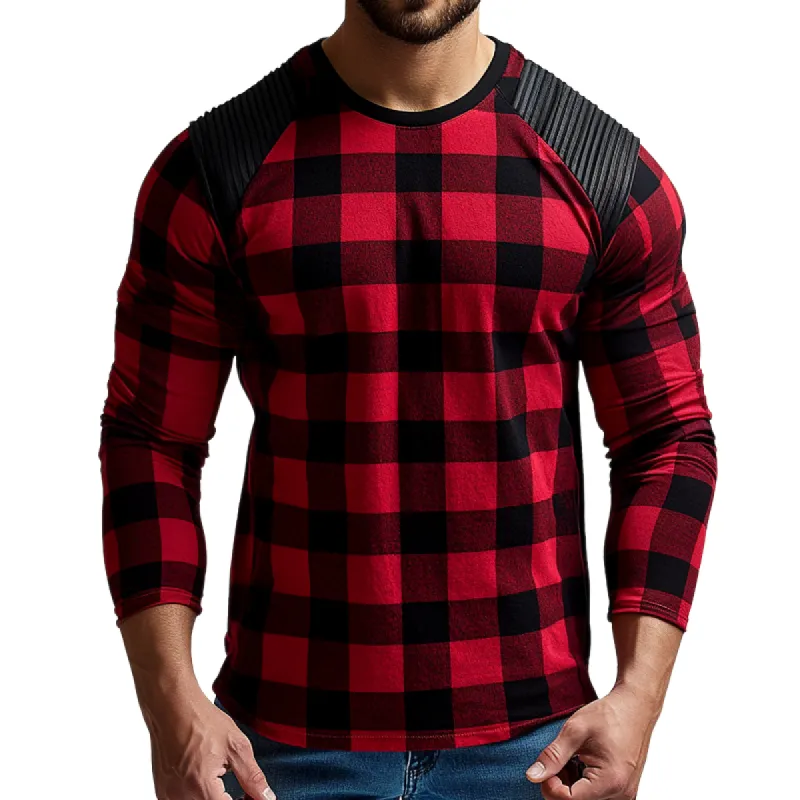 Men's Retro Casual Pleated Plaid Printed Round Neck Long Sleeve T-Shirt 24388108TO sold by Manly
