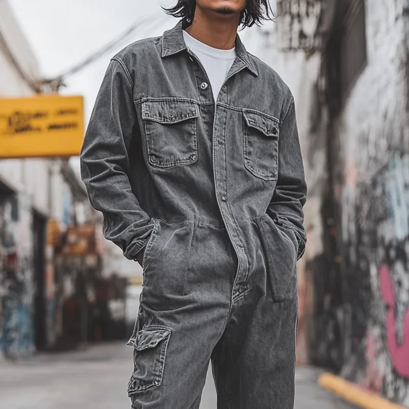 Men's Fashion Denim Long Sleeve Multi-pocket Cargo Jumpsuit 05946628Z sold by Manly product image thumbnail 3