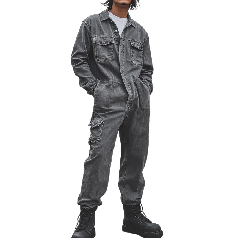 Men's Fashion Denim Long Sleeve Multi-pocket Cargo Jumpsuit 05946628Z sold by Manly