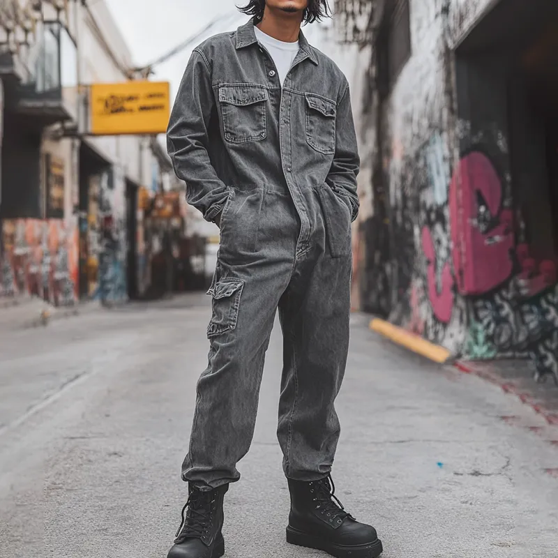 Men's Fashion Denim Long Sleeve Multi-pocket Cargo Jumpsuit 05946628Z sold by Manly product image thumbnail 2