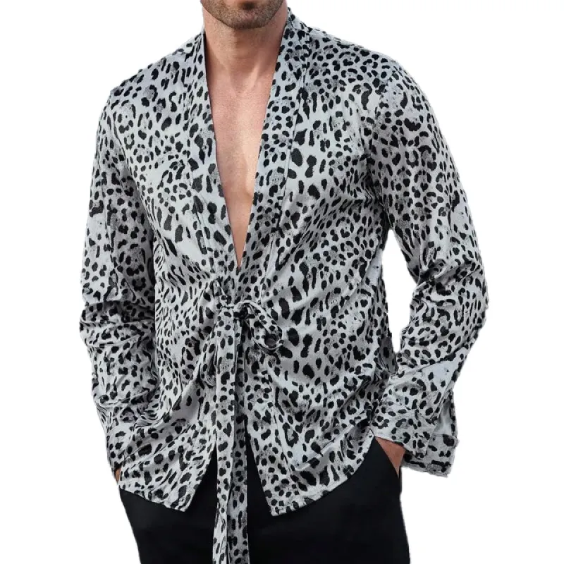 Men's Leopard Print Long Sleeve Lace-up Shirt 76082790X sold by Manly