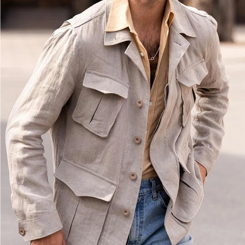 Men's Cotton and Linen Casual Multi-pocket Blazer 12343934X sold by Manly product image thumbnail 2