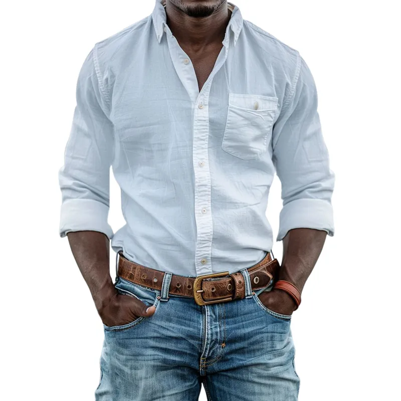 Men's Fashion Solid Chest Pocket Lapel Long-Sleeved Shirt 97437837Y sold by Manly