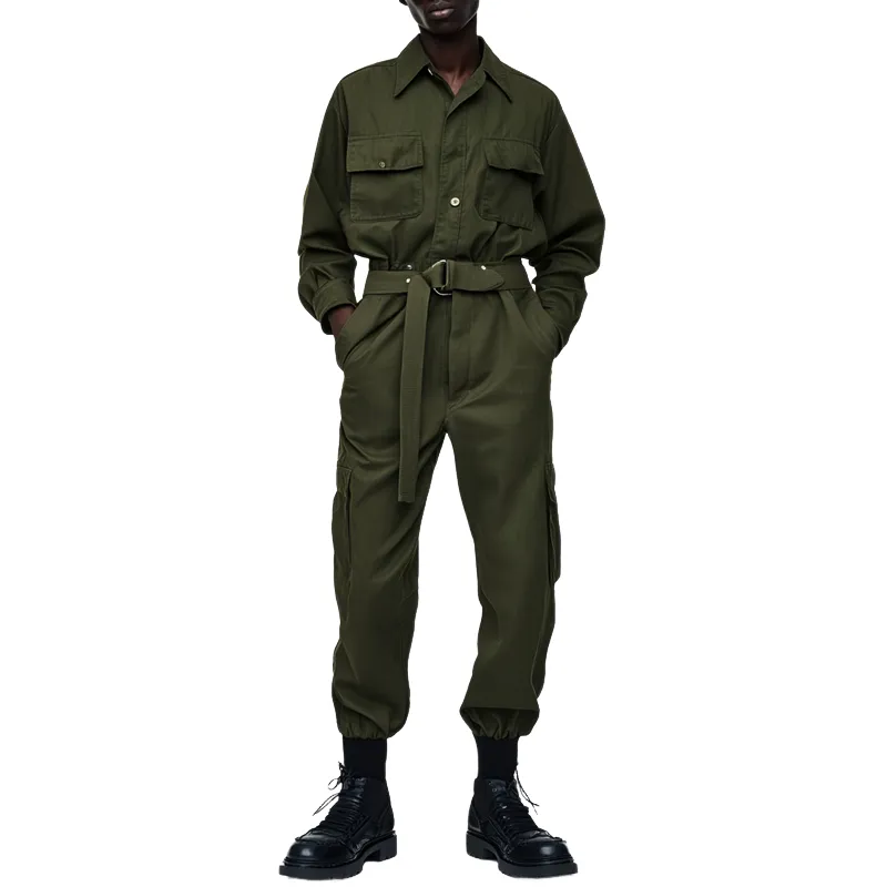 Men's Solid Color Lapel Long Sleeve Multi-pocket Cargo Jumpsuit 29998184Z sold by Manly