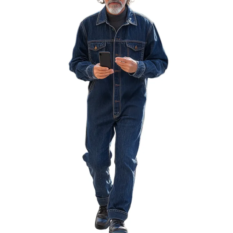 Men's Fashion Denim Long Sleeve Multi-pocket Cargo Jumpsuit 01218958Z sold by Manly