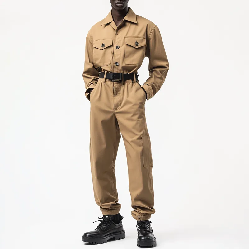 Men's Solid Color Lapel Long Sleeve Multi-pocket Cargo Jumpsuit 19486978Z sold by Manly product image thumbnail 2