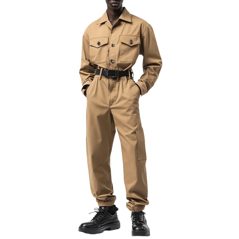 Men's Solid Color Lapel Long Sleeve Multi-pocket Cargo Jumpsuit 19486978Z sold by Manly