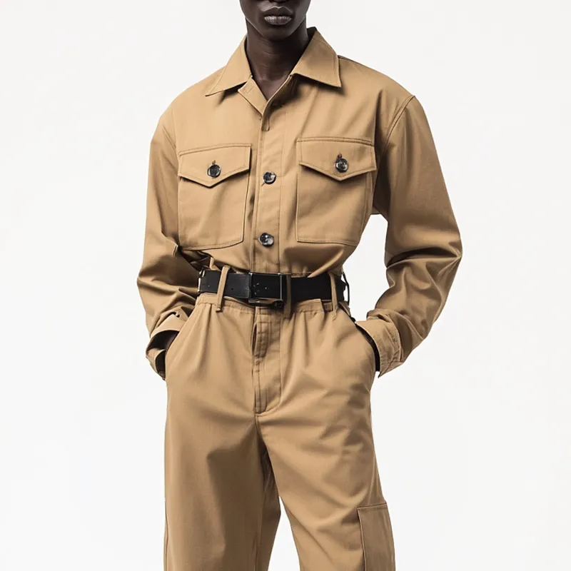 Men's Solid Color Lapel Long Sleeve Multi-pocket Cargo Jumpsuit 19486978Z sold by Manly product image thumbnail 3