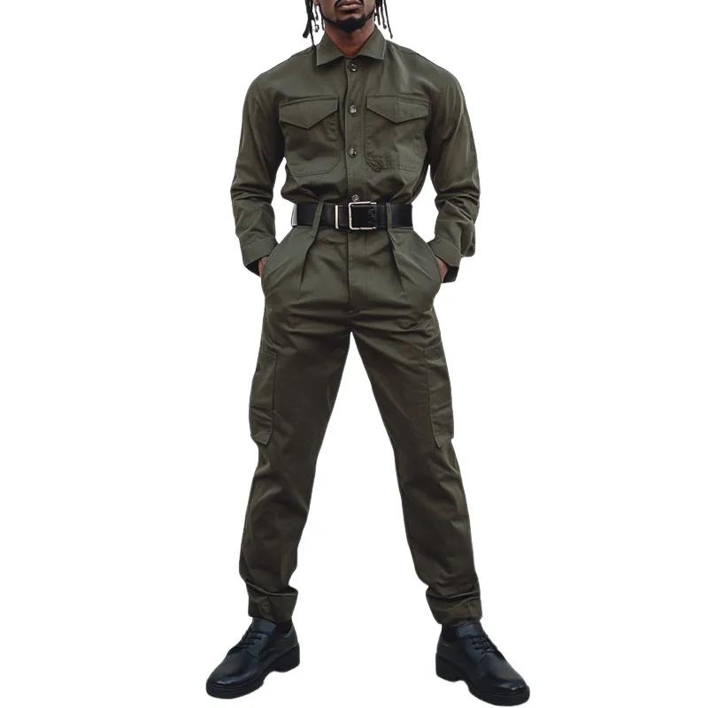 Men's Solid Color Lapel Long Sleeve Multi-pocket Cargo Jumpsuit 33009489Z sold by Manly