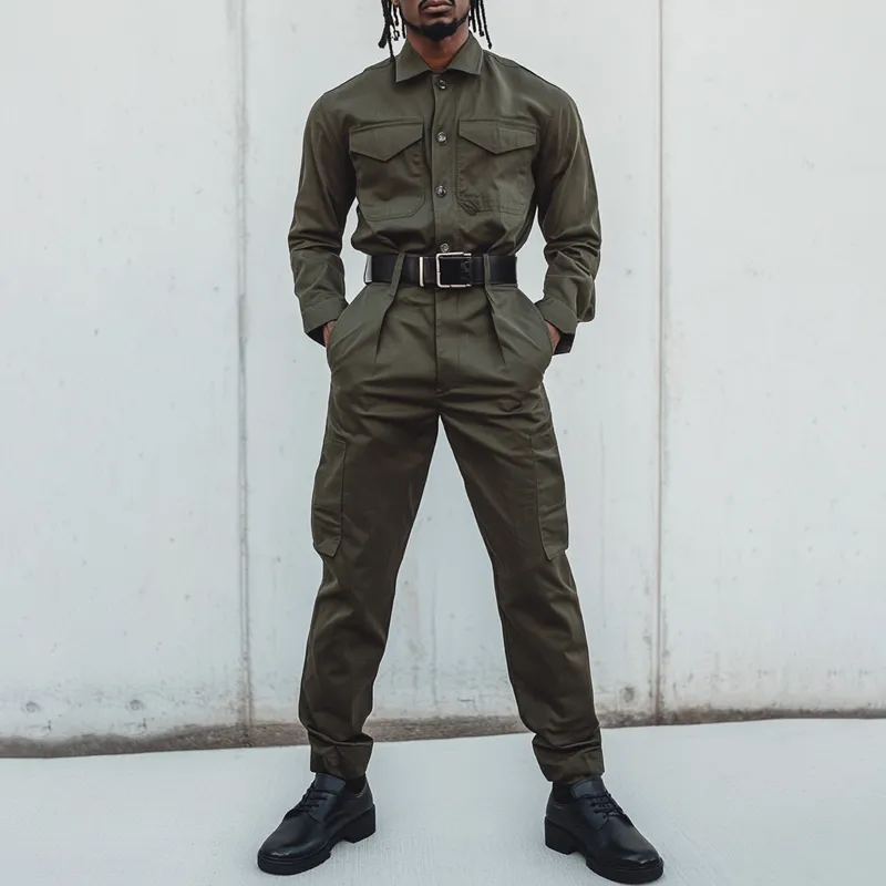 Men's Solid Color Lapel Long Sleeve Multi-pocket Cargo Jumpsuit 33009489Z sold by Manly product image thumbnail 2