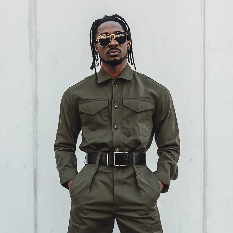 Men's Solid Color Lapel Long Sleeve Multi-pocket Cargo Jumpsuit 33009489Z sold by Manly product image thumbnail 3