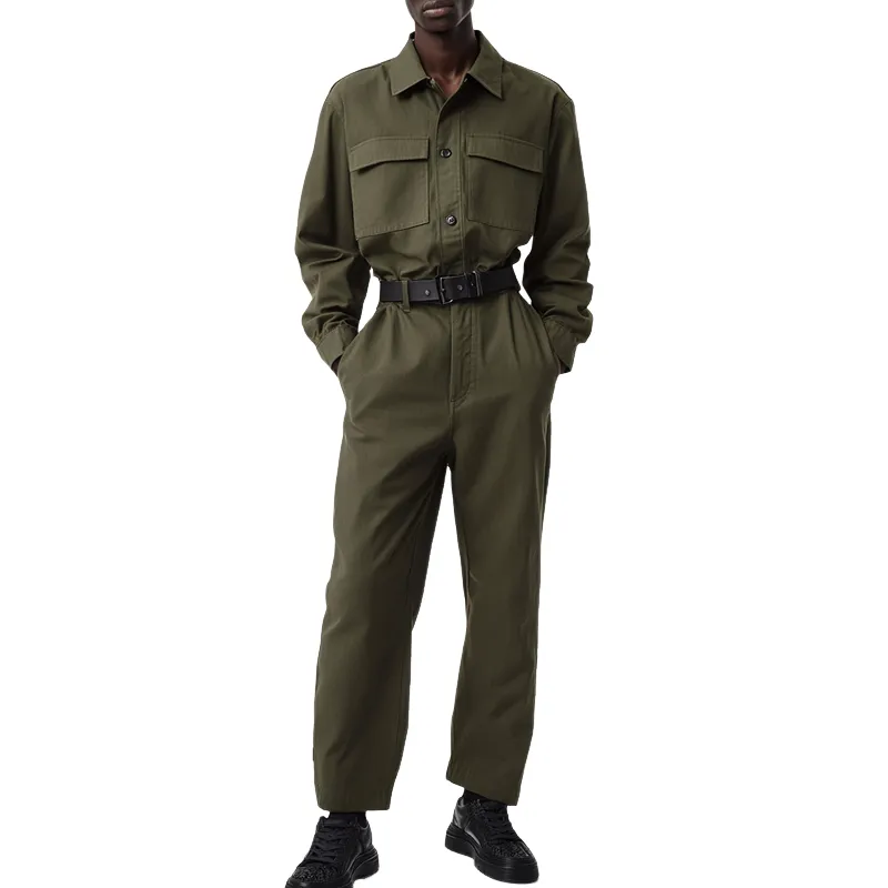 Men's Solid Color Lapel Long Sleeve Multi-pocket Cargo Jumpsuit 86523872Z sold by Manly