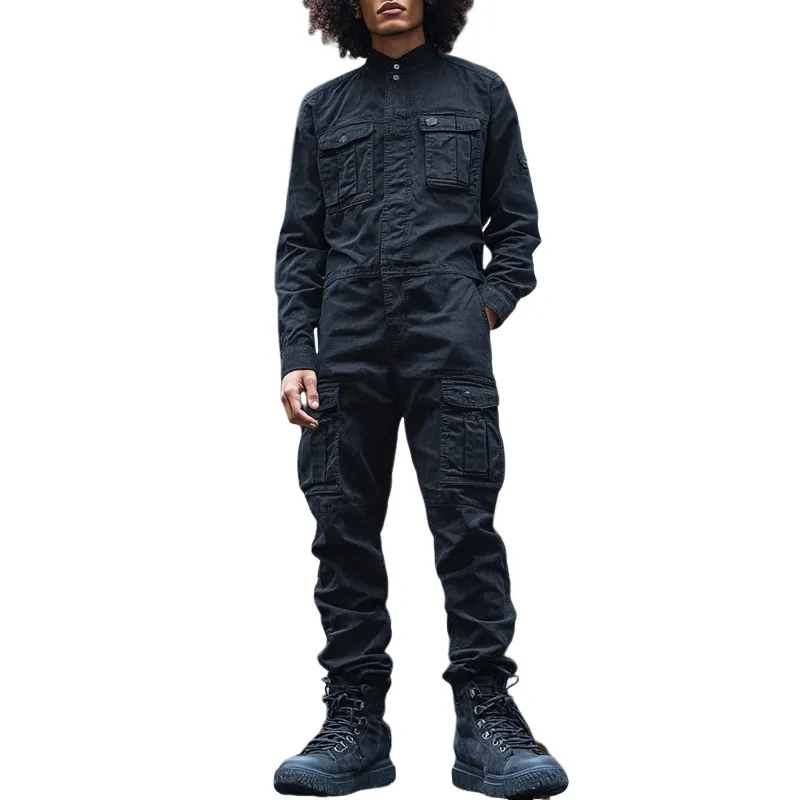Men's Fashion Denim Long Sleeve Multi-pocket Cargo Jumpsuit 12395329Z sold by Manly