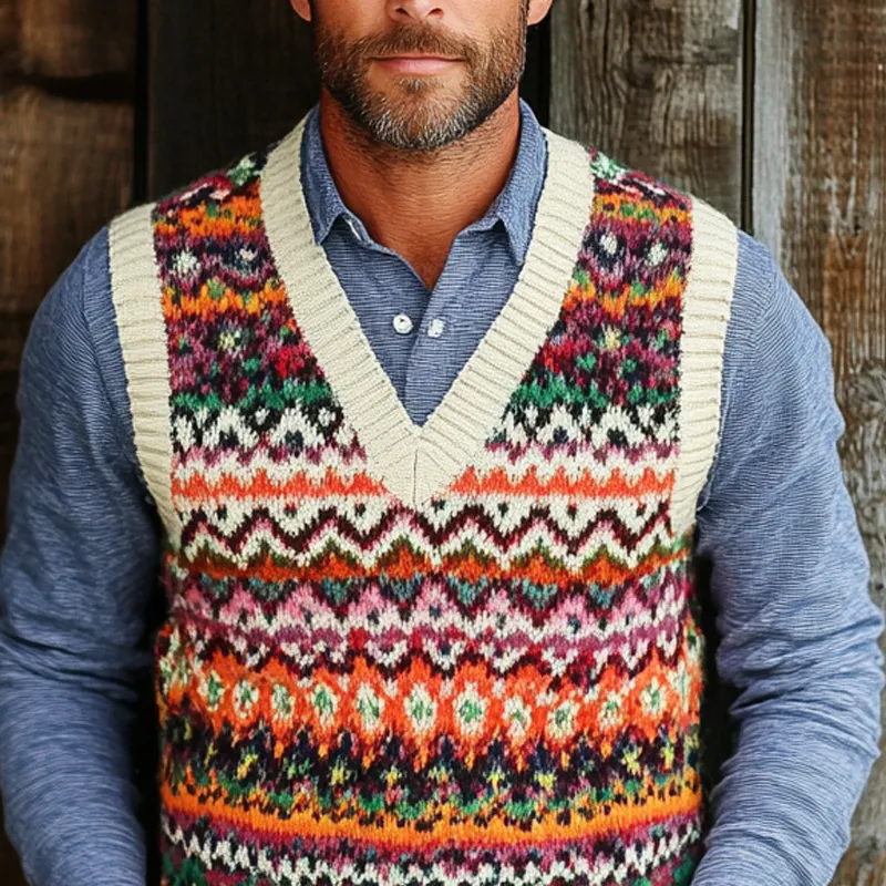 Men's Retro Geometric V-Neck Sleeveless Knit Vest 81075474Z sold by Manly product image thumbnail 3