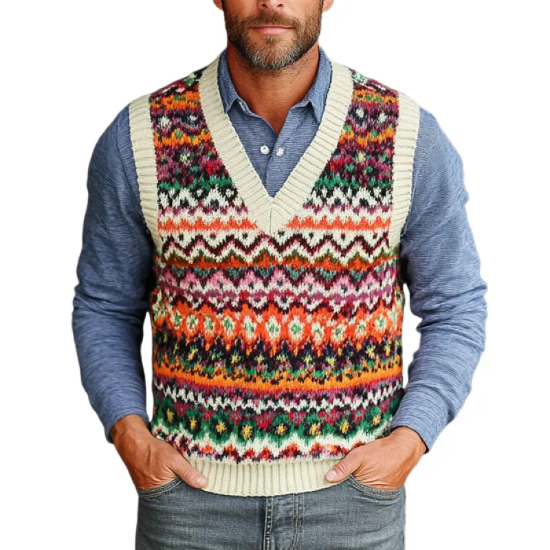 Men's Retro Geometric V-Neck Sleeveless Knit Vest 81075474Z sold by Manly