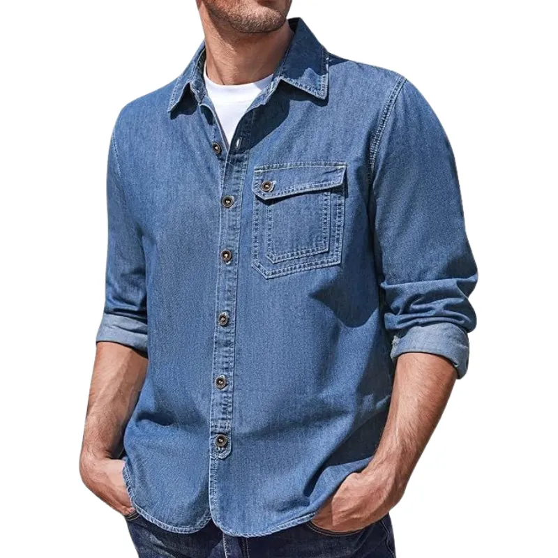 Men's Vintage Casual Lapel Long Sleeve Denim Shirt 99232570F sold by Manly