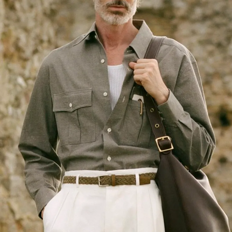 Men's Casual Lapel Cotton and Linen Long-sleeved Shirt 86431115F sold by Manly product image thumbnail 3