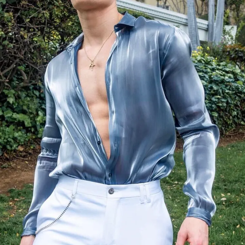 Men's Fashion Satin Lapel Long Sleeve Shirt 12760771F sold by Manly product image thumbnail 3