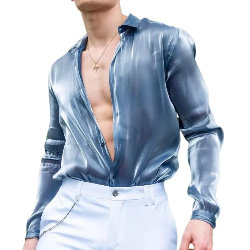 Men's Fashion Satin Lapel Long Sleeve Shirt 12760771F sold by Manly product image thumbnail 2