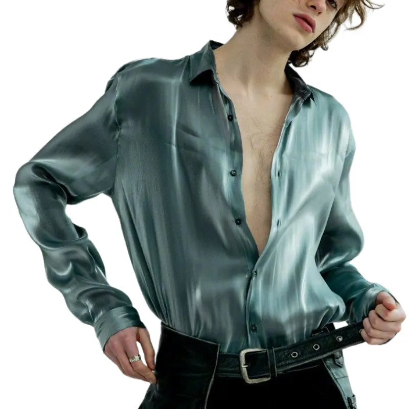 Men's Fashion Satin Lapel Long Sleeve Shirt 12760771F sold by Manly