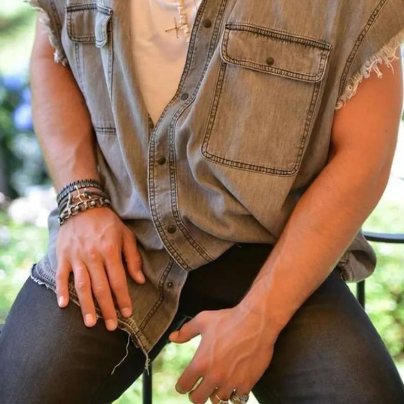 Men's Fashionable Casual Washed Raw Edge Denim Short-sleeved Shirt 15690066K sold by Manly product image thumbnail 4