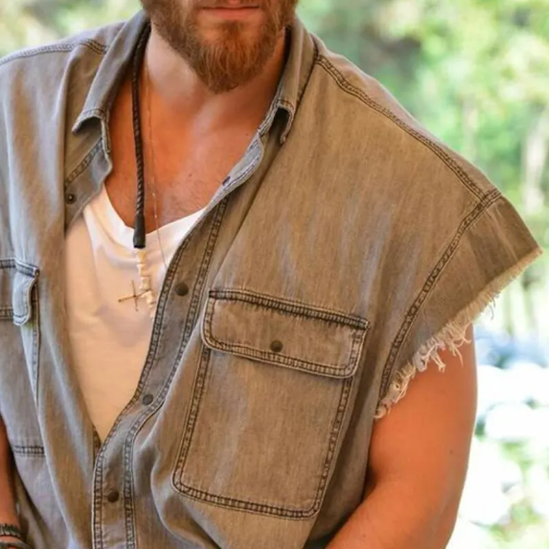 Men's Fashionable Casual Washed Raw Edge Denim Short-sleeved Shirt 15690066K sold by Manly product image thumbnail 3