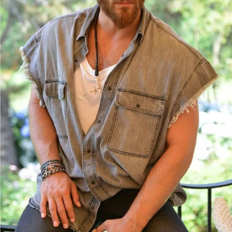 Men's Fashionable Casual Washed Raw Edge Denim Short-sleeved Shirt 15690066K sold by Manly product image thumbnail 2