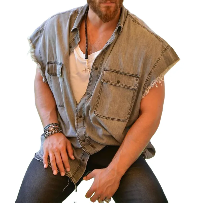 Men's Fashionable Casual Washed Raw Edge Denim Short-sleeved Shirt 15690066K sold by Manly