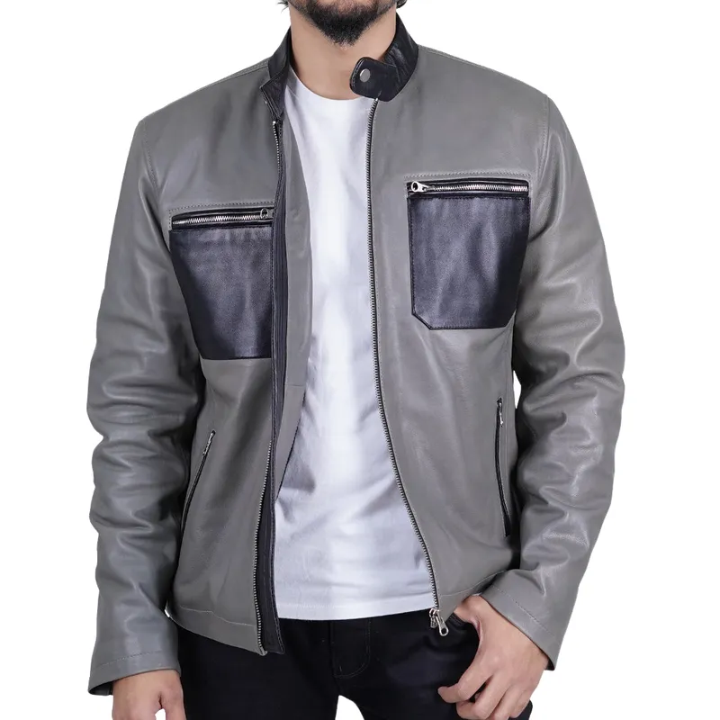 Men's Casual Multi-Pocket Stand Collar Zipper Leather Jacket 30773656F sold by Manly